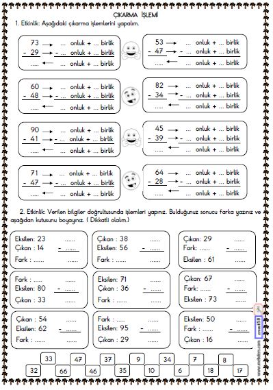 2. Sınıf Matematik Onluk Bozarak Çıkarma İşlemi Etkinliği 2