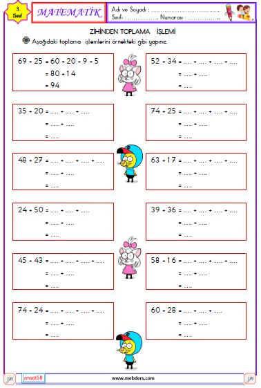 3. Sınıf Matematik Zihinden Toplama İşlemi Etkinliği 1