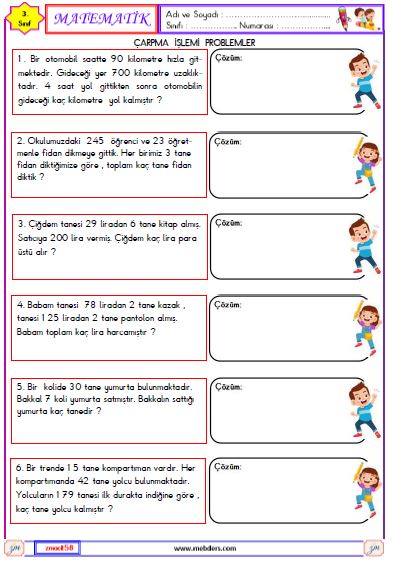 3. Sınıf Matematik Çarpma İşlemleri Problemleri Etkinliği 2