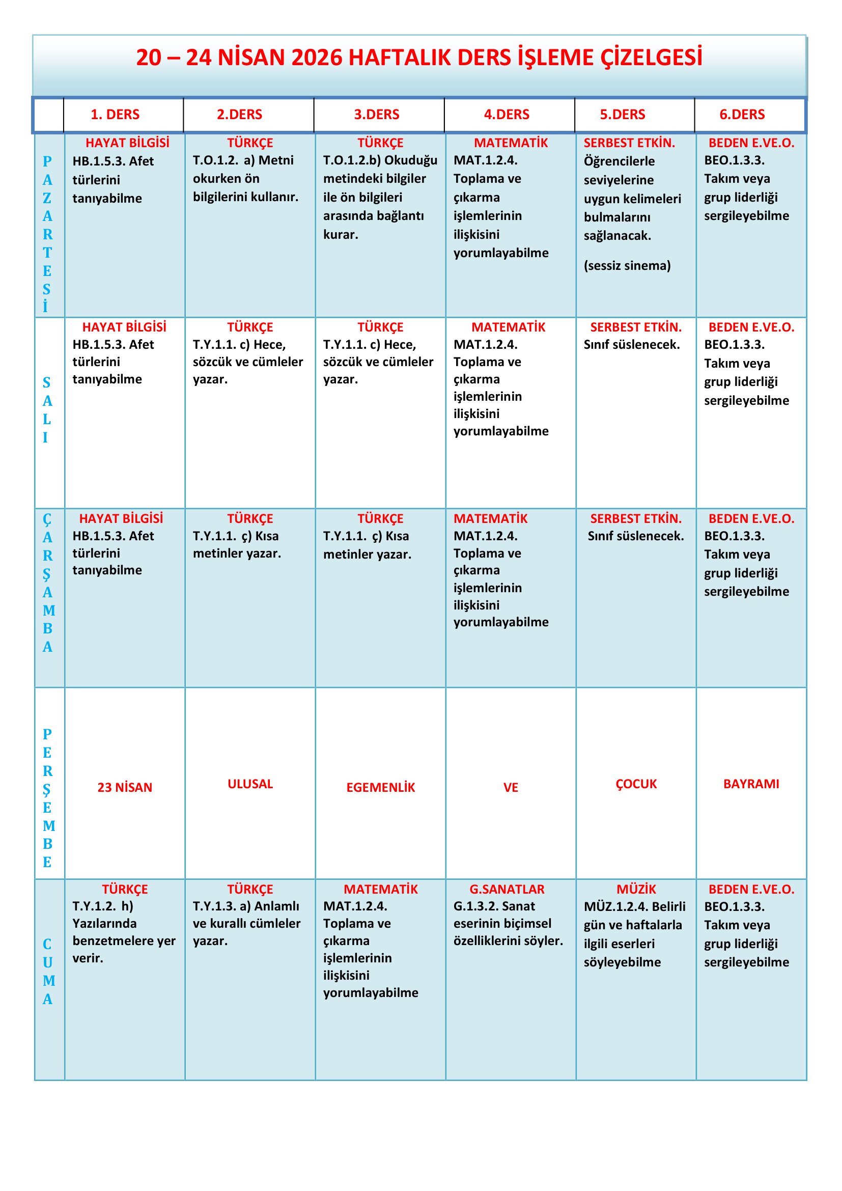 1.Sınıf 20 - 24 Nisan 2026 Haftalık Ders İşleme Çizelgesi.doc