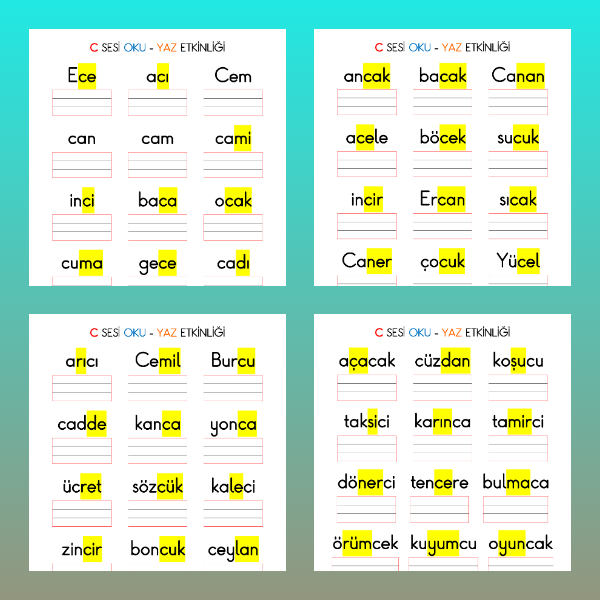 1. Sınıf İlkokuma Yazma - C Sesi Kelime Oku Yaz Etkinliği