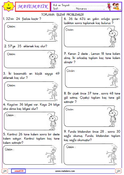 2. Sınıf Matematik  Toplama İşlemi Problemleri Etkinliği 2