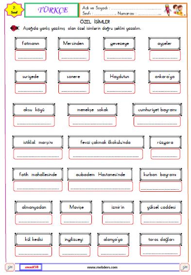 2. Sınıf Türkçe Özel İsimlerin Yazılışı Etkinliği