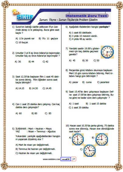 2.Sınıf Matematik Zamanı Ölçme ve Problemler Kazanım Testi