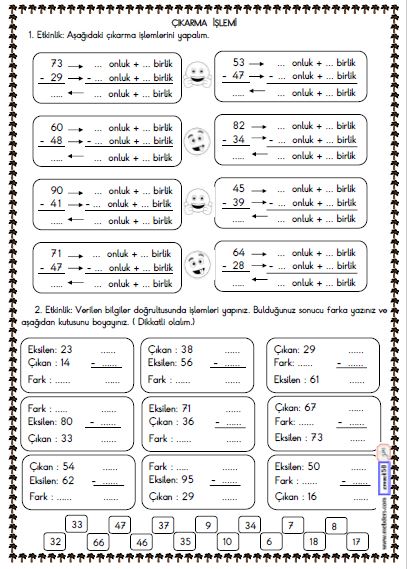 2. Sınıf Matematik Çıkarma İşlemi Etkinliği 2 ( Onluk Bozarak )