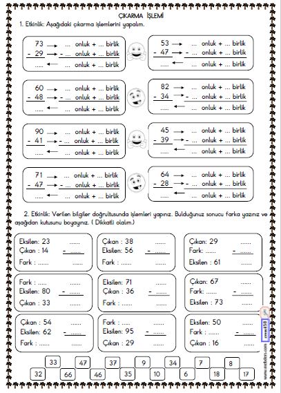 2. Sınıf Matematik Çıkarma İşlemi Etkinliği 2 ( Onluk Bozarak )