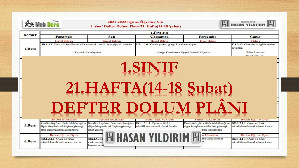 1.Sınıf 21.Hafta(14-18 Şubat) Defter Dolum Planı