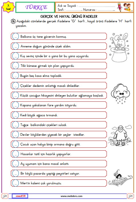 3. Sınıf Türkçe Gerçek ve Hayal Ürünü İfadeler Etkinliği 3