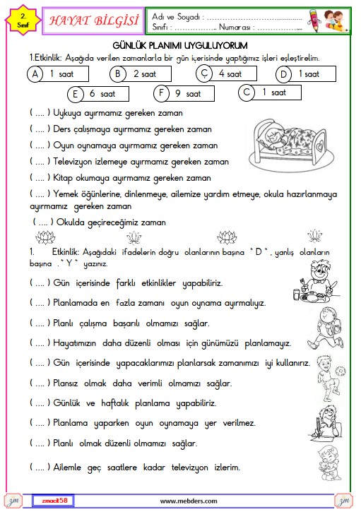 2. Sınıf Hayat Bilgisi Günlük Planımı Uyguluyorum Etkinliği