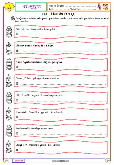 3. Sınıf Türkçe Özel İsimlerin Yazılışı Etkinliği