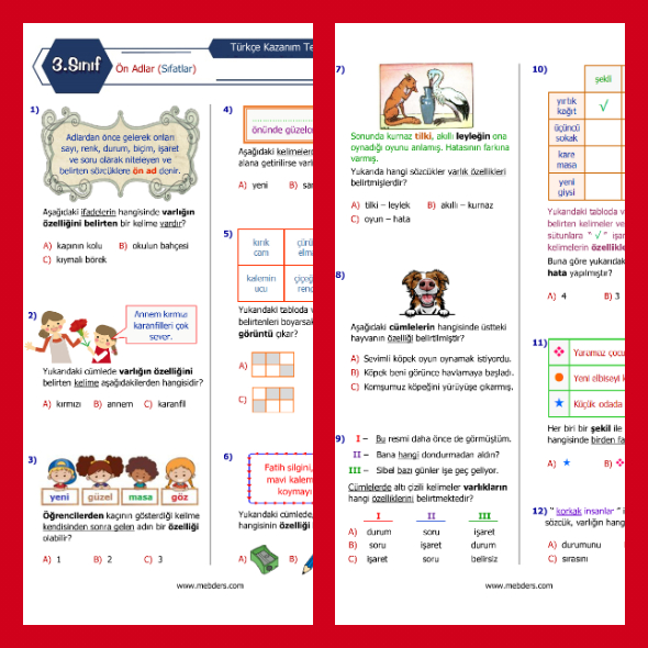 3. Sınıf Türkçe Ön Adlar (Sıfatlar) Kazanım Testi