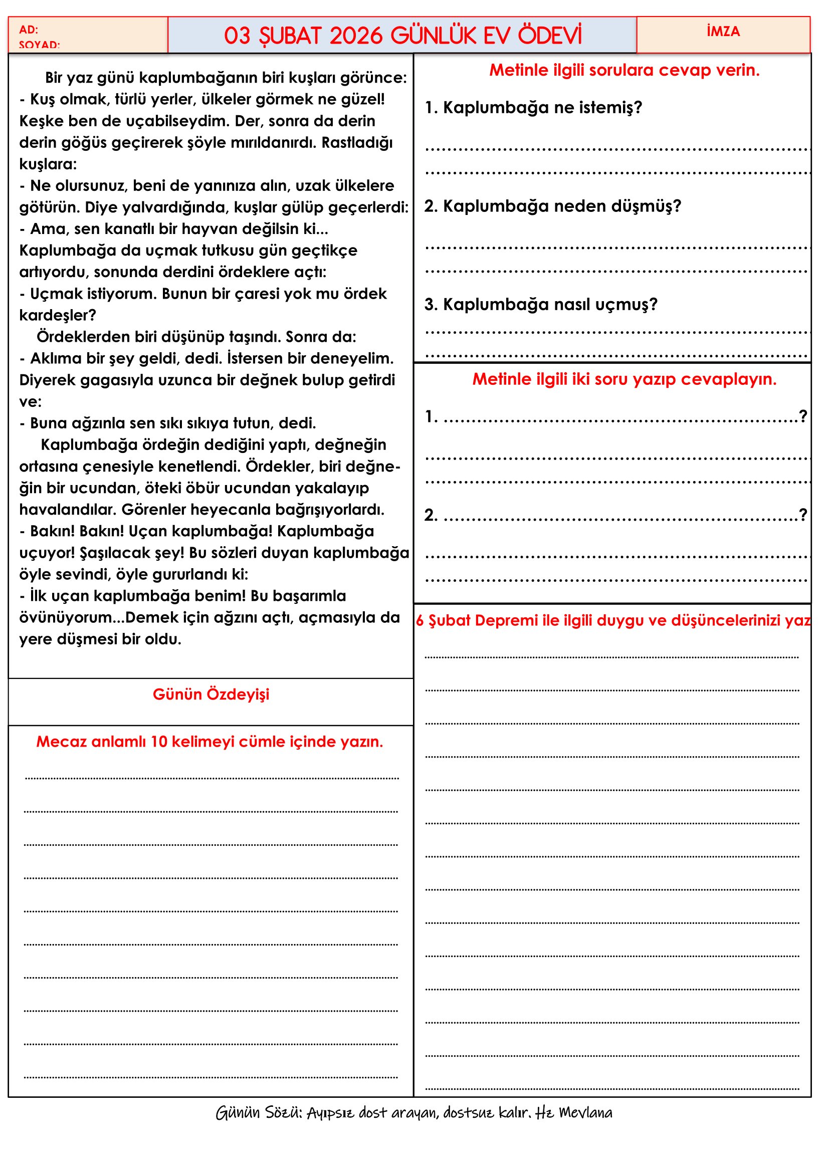 4.Sınıf - 03 Şubat 2026 Günlük Ev Ödevleri