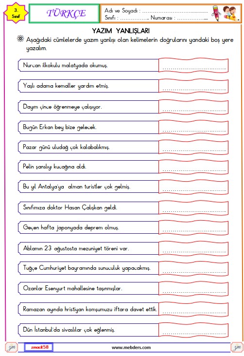 3. Sınıf Türkçe Yazım Yanlışları Etkinliği