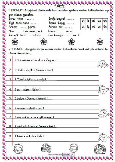 1. Sınıf Türkçe Boşluk Doldurma ve Cümle Oluşturma Etkinliği 3