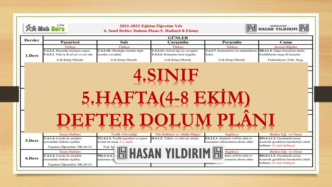 4.Sınıf 5.Hafta(4-8 Ekim) Defter Dolum Planı