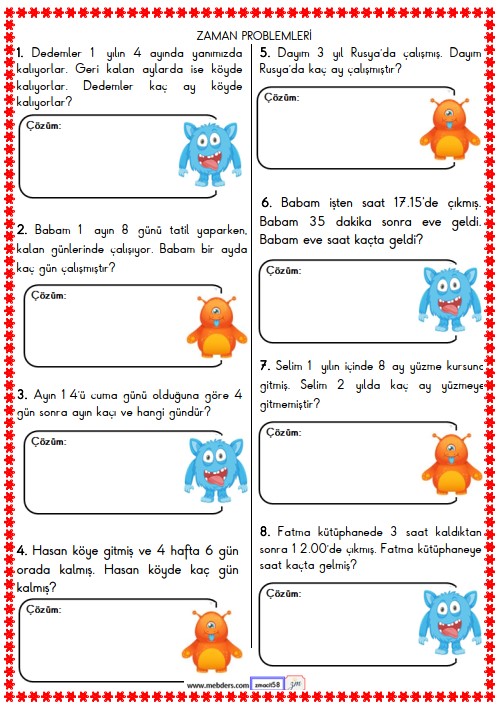 2. Sınıf Matematik Zaman Problemleri Etkinliği 12