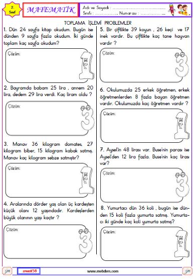 2. Sınıf Matematik Toplama İşlemi Problemleri Etkinliği 7