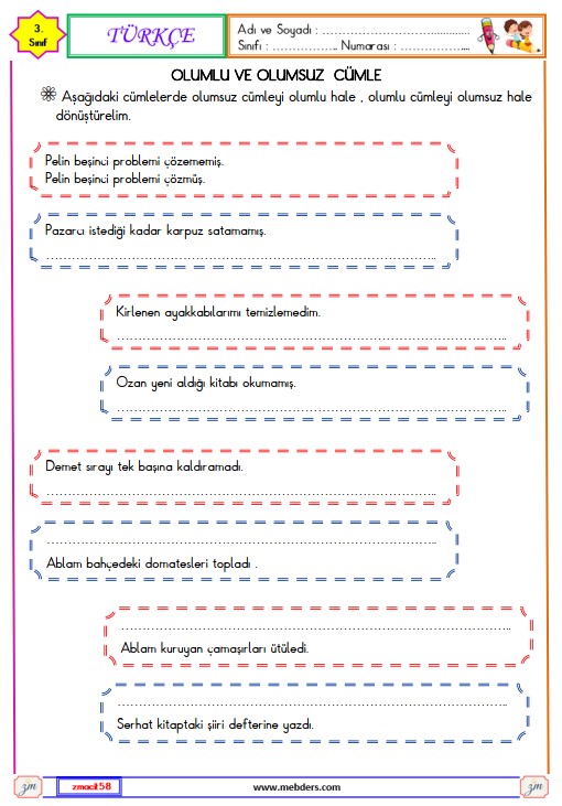 3. Sınıf Türkçe Olumlu ve Olumsuz Cümle Etkinliği