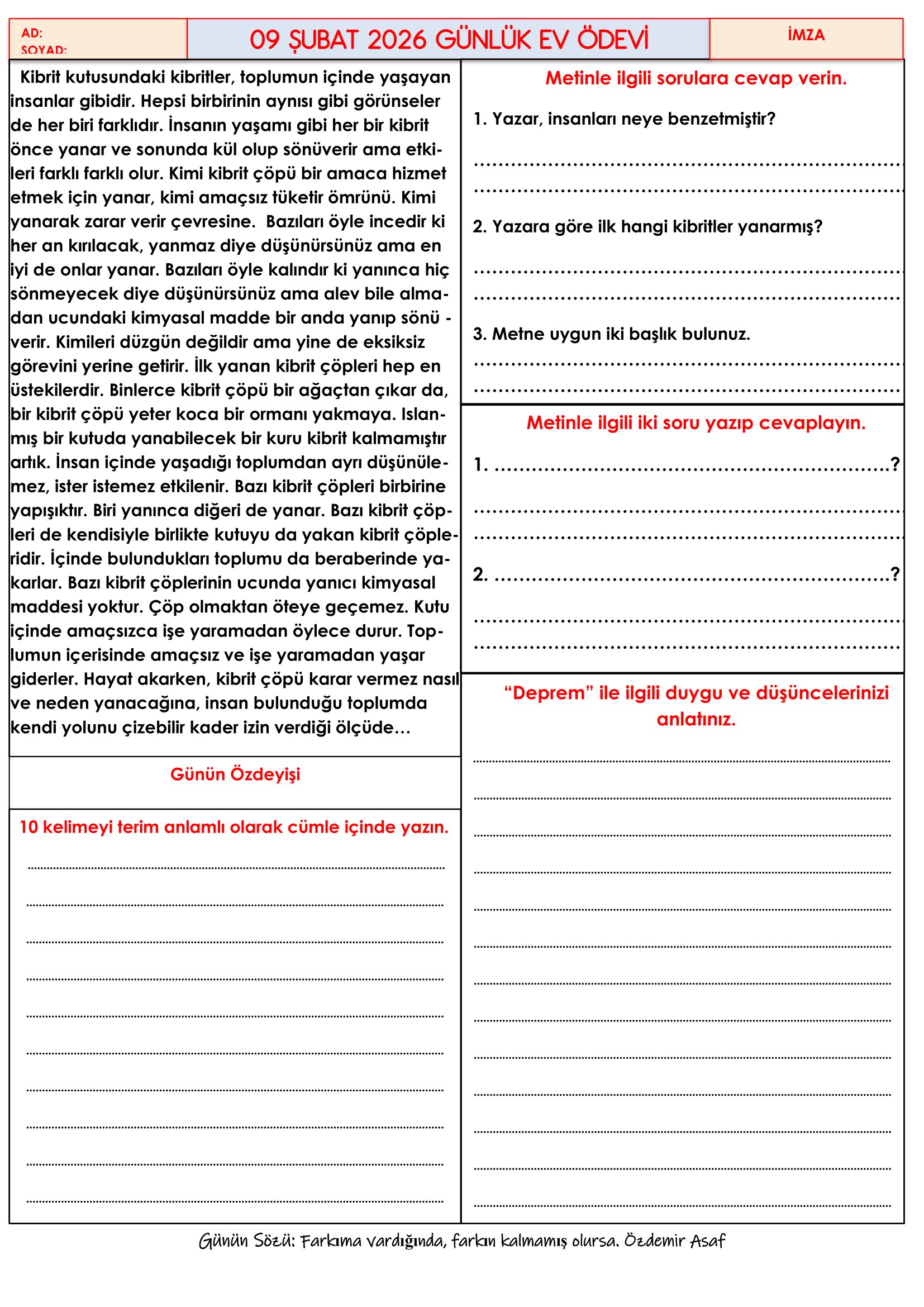 4.Sınıf - 09 Şubat 2026 Günlük Ev Ödevleri