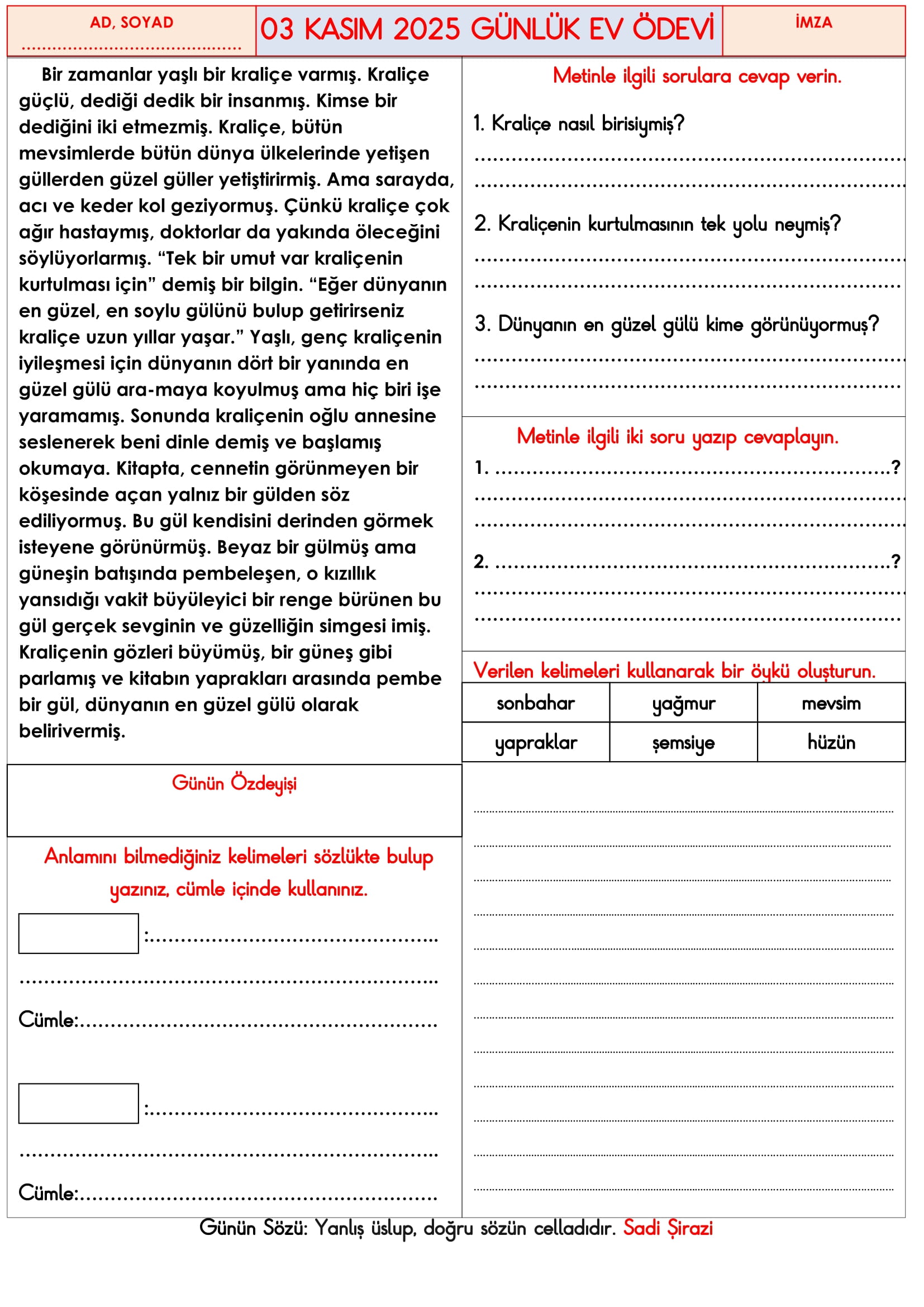 3.Sınıf - 03 Kasım 2025 Günlük Ev Ödevleri