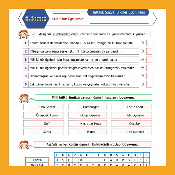 4. Sınıf Sosyal Bilgiler - Milli Kültür Ögelerimiz Etkinliği