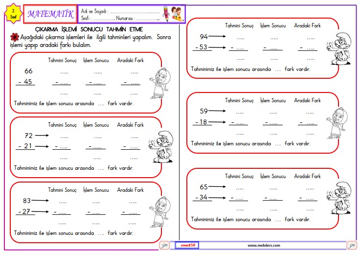 2. Sınıf Matematik Çıkarma İşlemi Sonucu Tahmin Etme Etkinliği 3