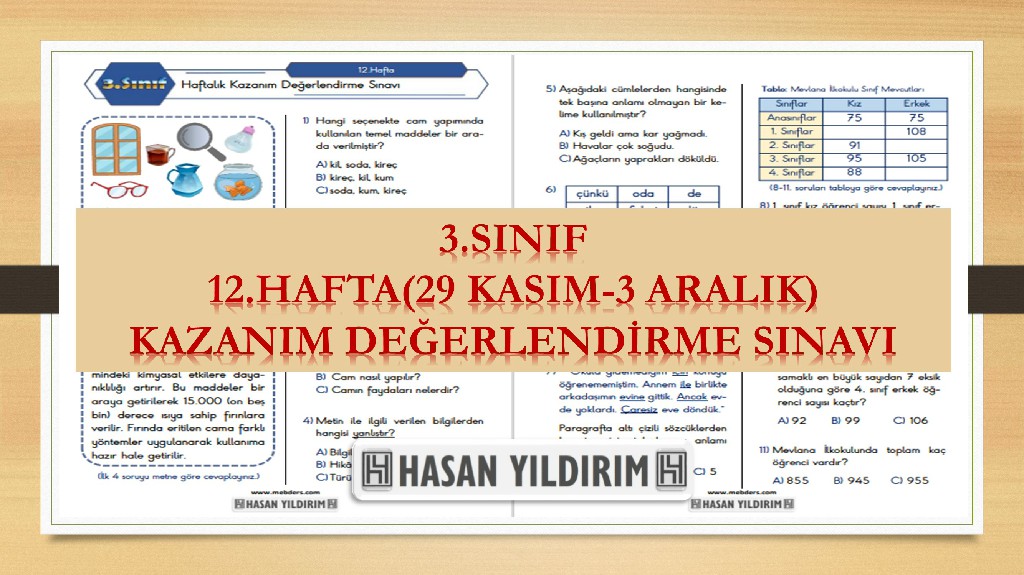 3.Sınıf Haftalık Değerlendirme Testi-12.Hafta(29 Kasım-3 Aralık)