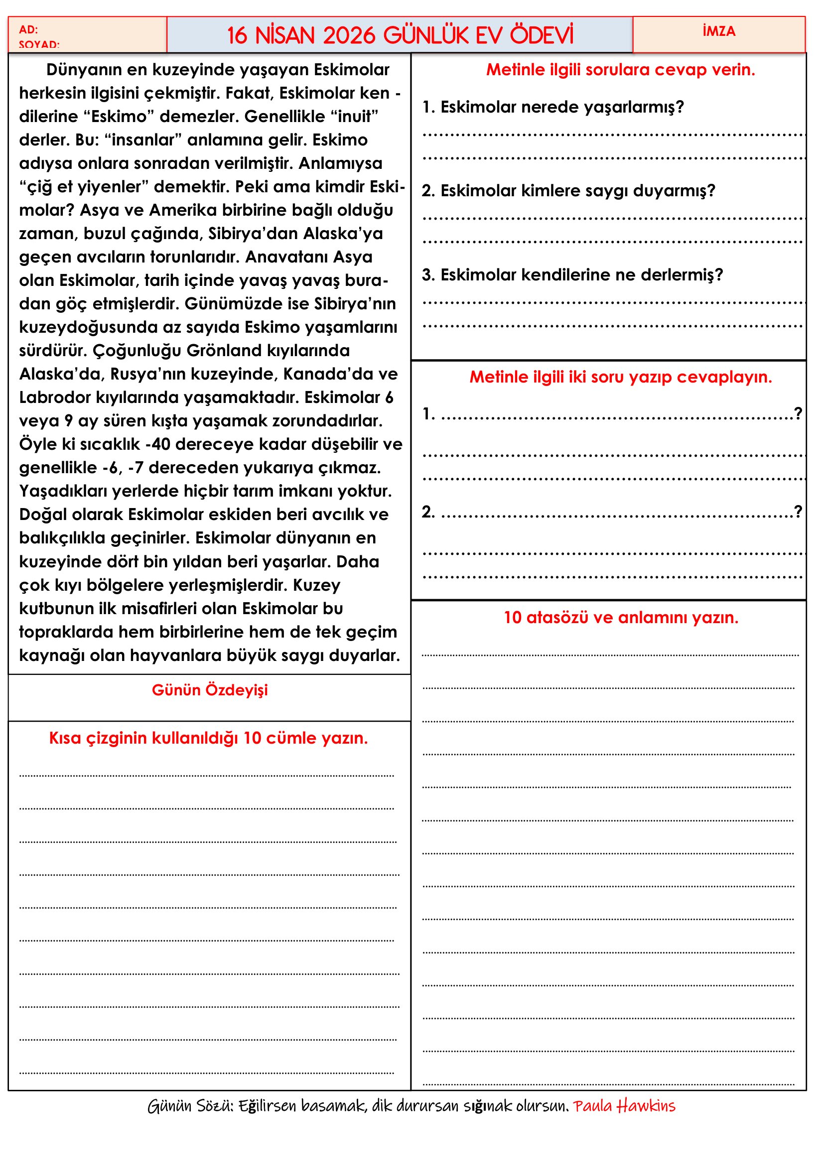 4.Sınıf - 16 Nisan 2026 Günlük Ev Ödevleri