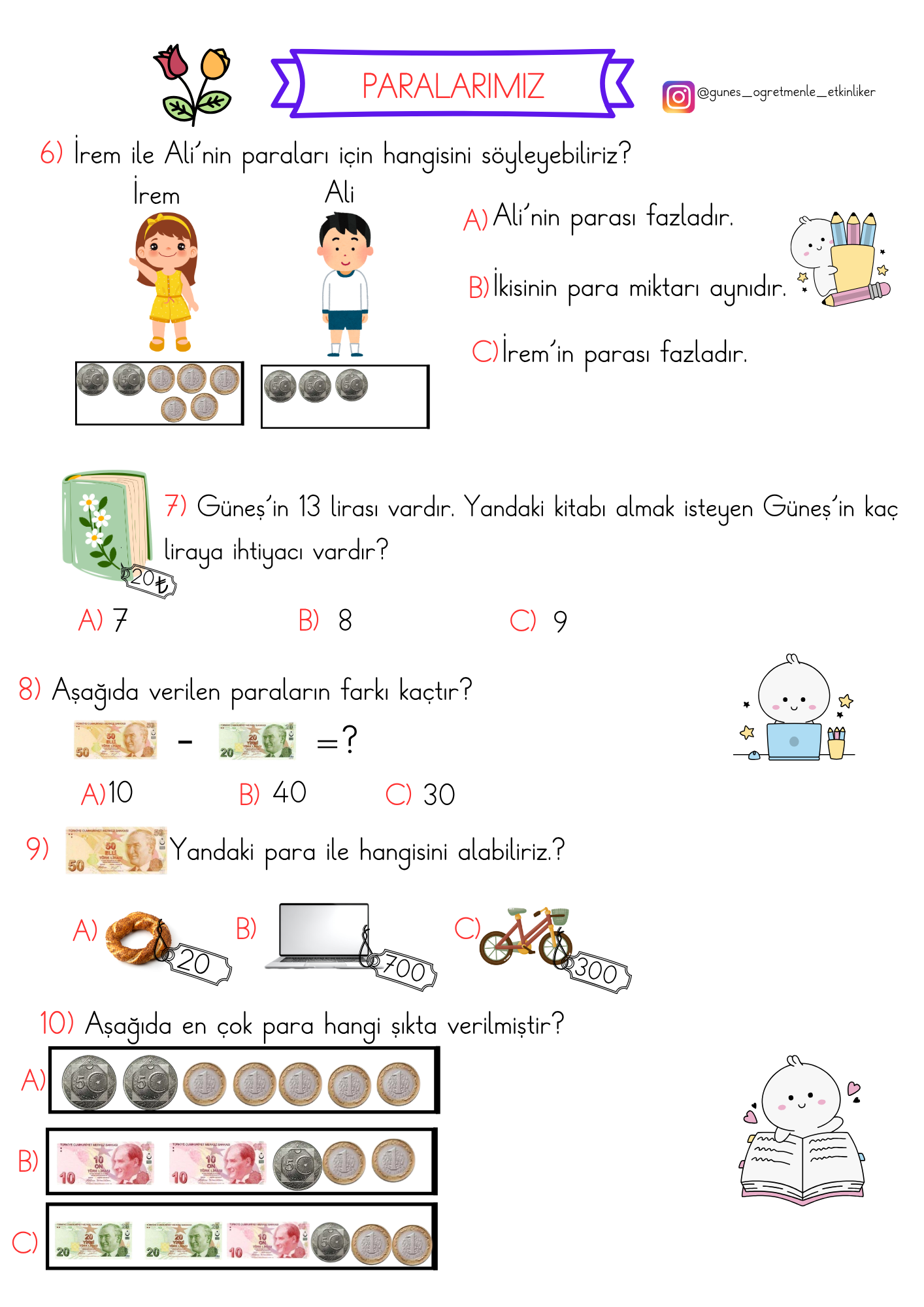 1.Sınıf Matematik Paralarımız Sorular