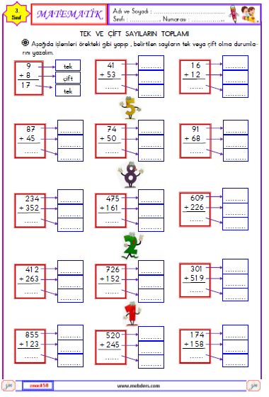 3. Sınıf Matematik Tek ve Çift Sayıların Toplamı Etkinliği 1