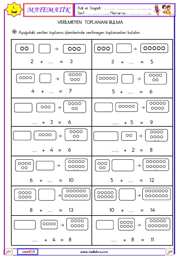 1. Sınıf Matematik Verilmeyen Toplananı Bulma Etkinliği Etkinliği 1