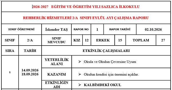 2026-2027 2. Sınıf Rehberlik Eylül Ayı Çalışma Raporu