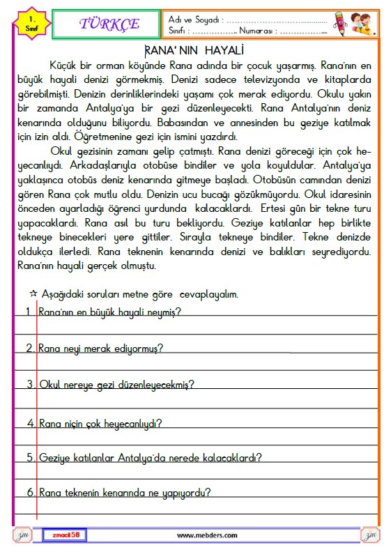 1. Sınıf Türkçe Okuma ve Anlama Metni Etkinliği (Rana'nın Hayali)