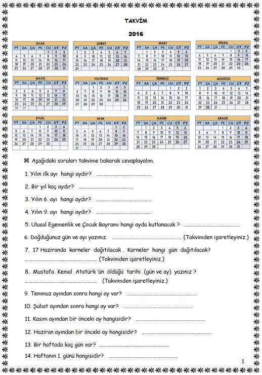 1. Sınıf Matematik Takvim Etkinliği 4