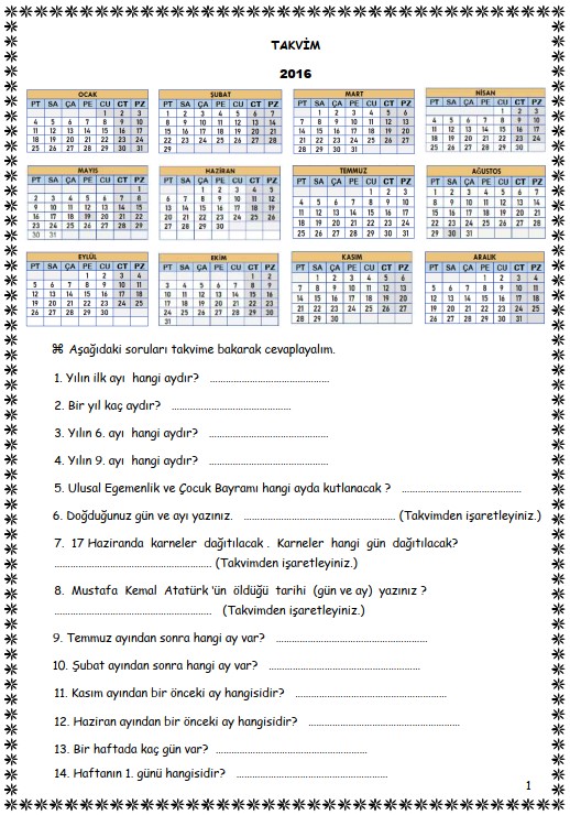 1. Sınıf Matematik Takvim Etkinliği 4