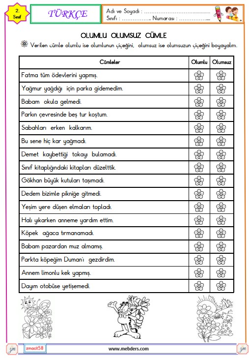 2. Sınıf Türkçe Olumlu ve Olumsuz Cümle Etkinliği