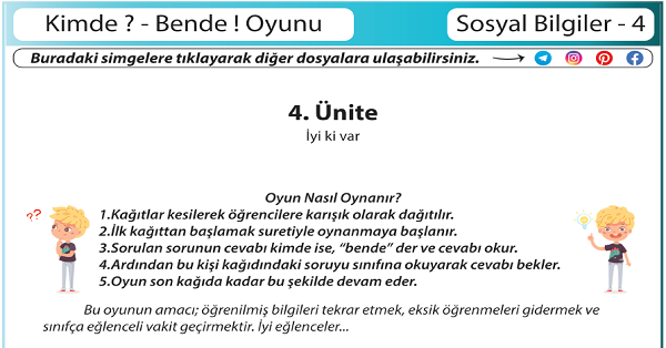 4.Sınıf Sosyal Bilgiler Kimde  Bende ! Oyunu (İyi ki Var Ünitesi)