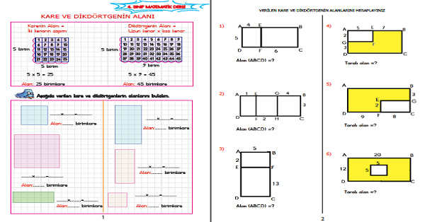 4. Sınıf Matematik Kare ve Dikdörtgenin Alanı Etkinliği 3