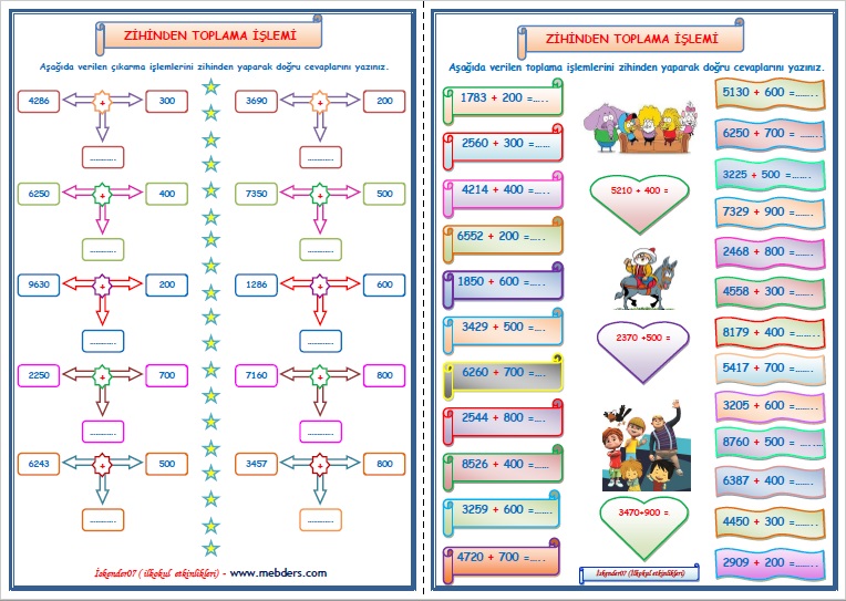 4.Sınıf Matematik Zihinden Toplama İşlemi  (2 sayfa)