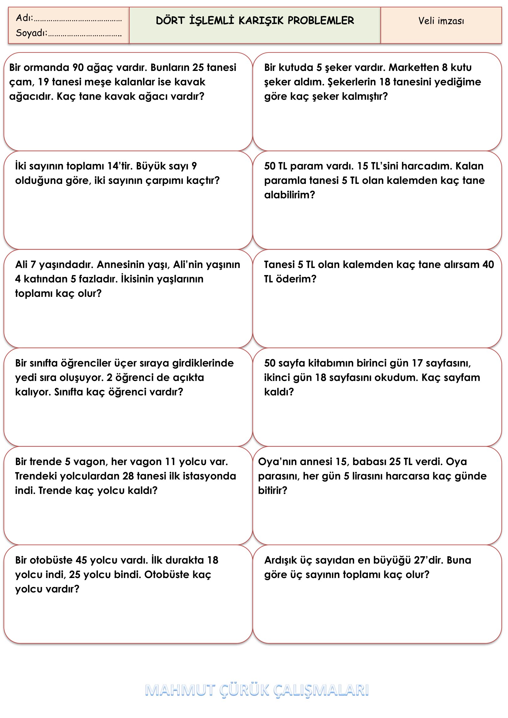 2.Sınıf - Matematik Karışık Problemler-1
