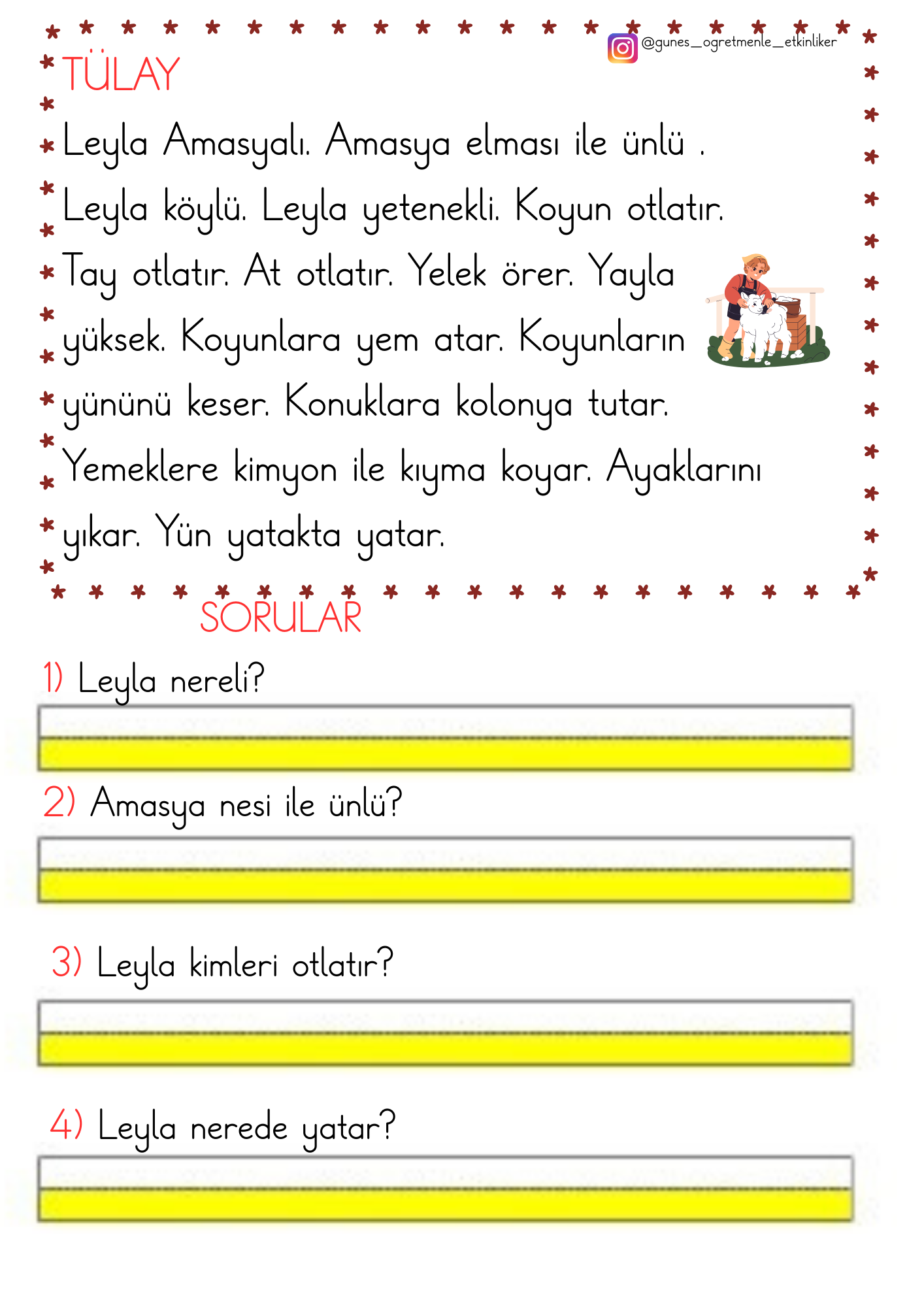 1.Sınıf İlk Okuma Yazma Y Sesi Okuma Anlama Metinleri