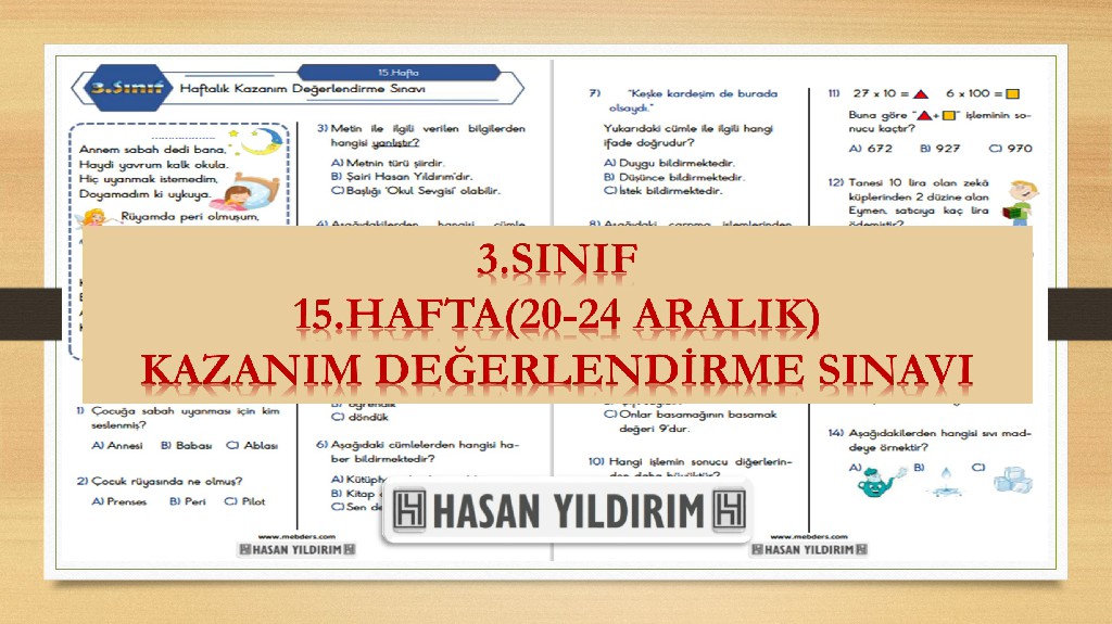 3.Sınıf Haftalık Değerlendirme Testi-15.Hafta(20-24 Aralık)