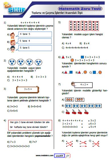 2. Sınıf Matematik Toplama ve  Çarpma İşlemleri Arasındaki İlişki Testi