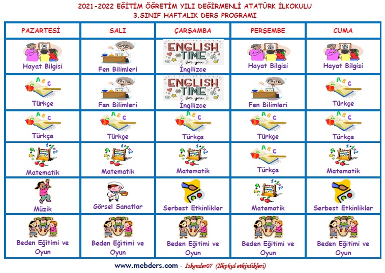 3.Sınıf Resimli Haftalık Ders Programı (Word dosyasıdır düzenlenebilir.)