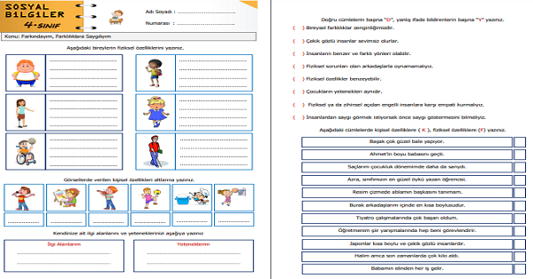4.Sınıf Sosyal Bilgiler Farkındayım, Farklılıklara Saygılıyım Etkinliği