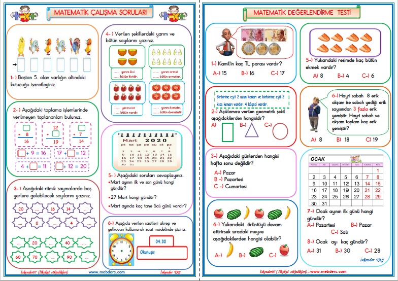 1.Sınıf Matematik Dersi Değerlendirme Çalışması  3