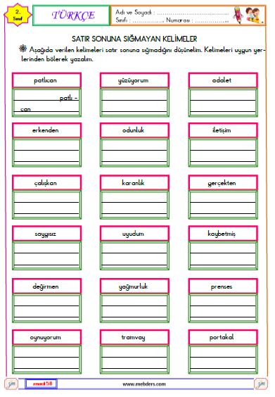 2. Sınıf Türkçe Satır Sonuna Sığmayan Kelimeler Etkinliği