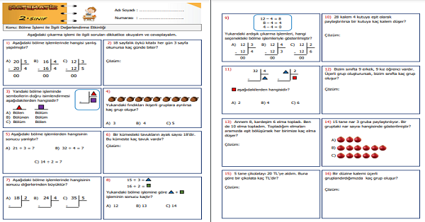 2.Sınıf Matematik Bölme İşlemi ile İlgili Değerlendirme Etkinliği