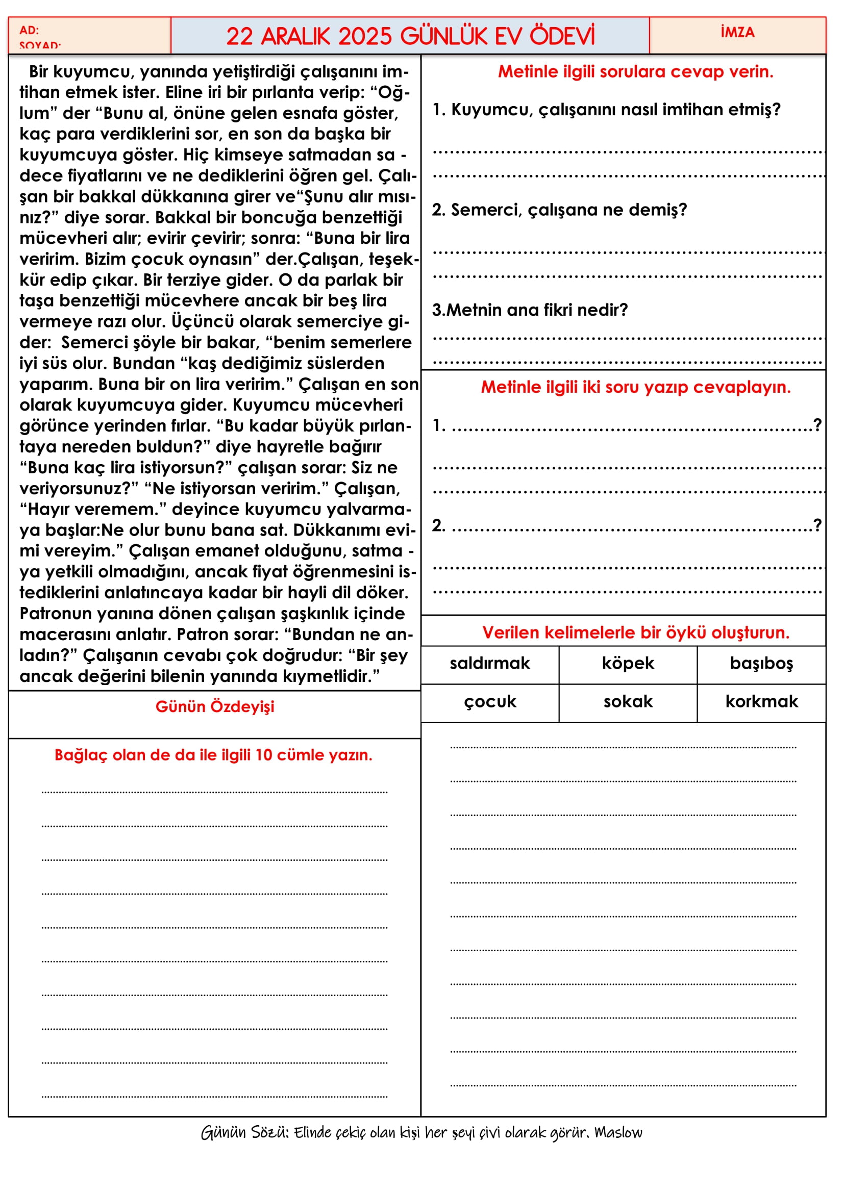 4.Sınıf - 22 Aralık 2025 Günlük Ev Ödevleri