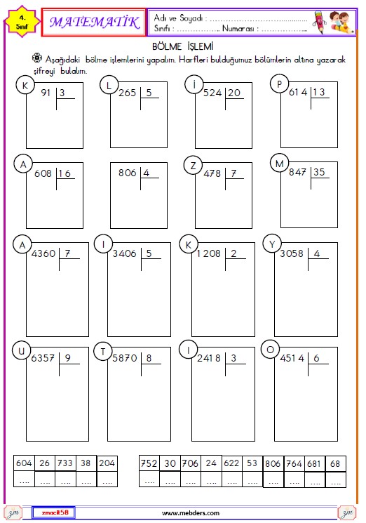 4. Sınıf Matematik Bölme İşlemi Etkinliği 2